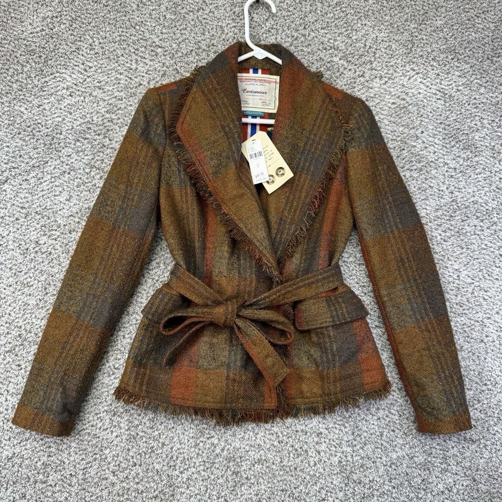 NEW Anthropologie Cartonnier Sophie Fringe Plaid‎ Wrap Tweed Blazer Women's 0